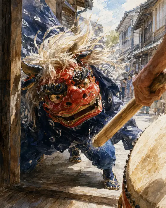 Vermilion Lion Stepping on the Threshold Confronting the Drum