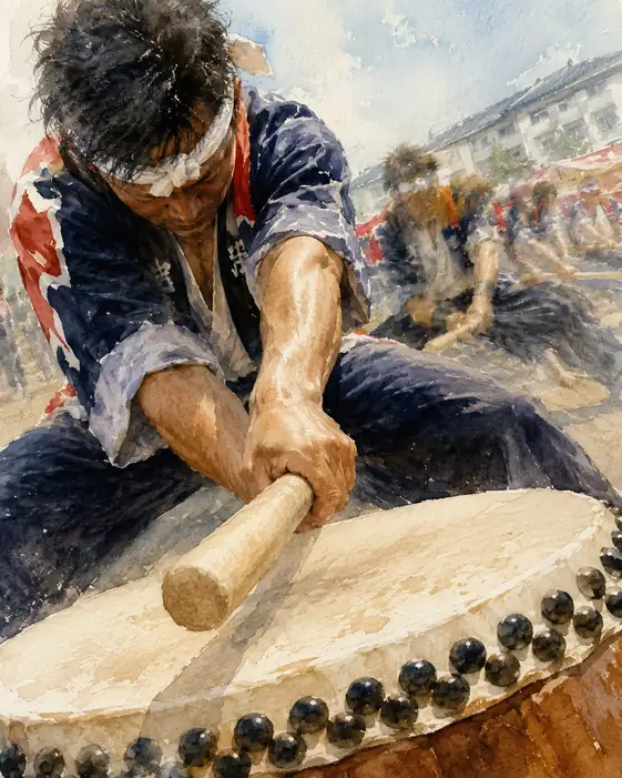 Sweat-Gleaming Arms and the Bachi Tip Sinking into the Drumhead
