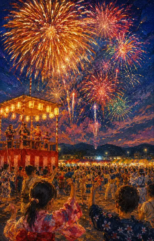 Bon Odori Circle Surrounding the Yagura Tower Beneath Fireworks-Filled Sky