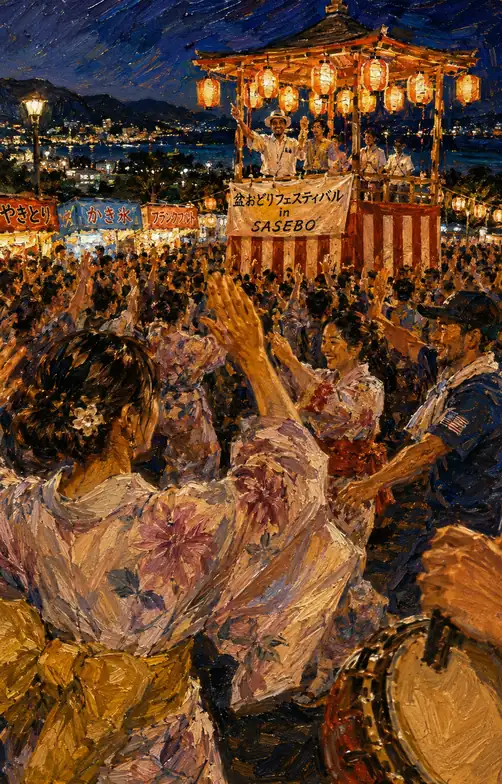 Smiling Faces Dancing in the Harbor Night View and the Yagura Light