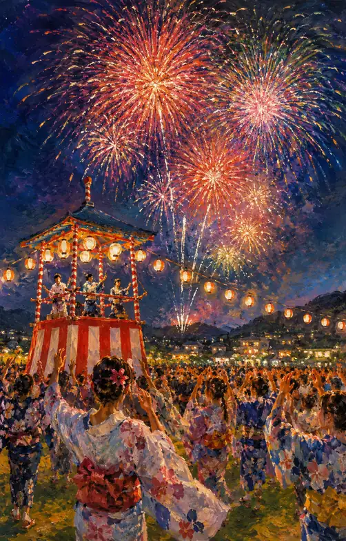 Fireworks-Filled Sky and the Flowered Robes of Bon Odori