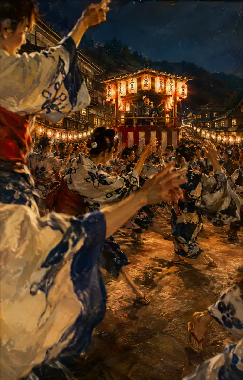 Yagura Lit by Lanterns and the Circle Dance Weaving Through the Night Town