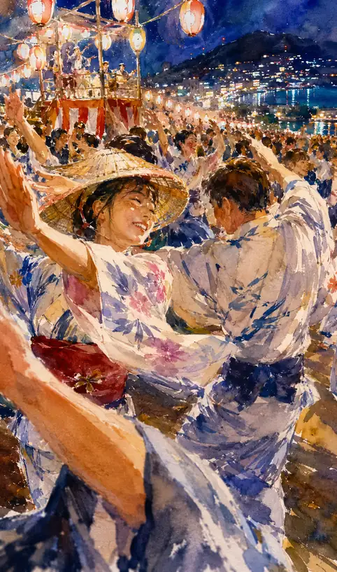 Smiling Face Beneath the Woven Hat and the Evening Dancing in Harbor Lights