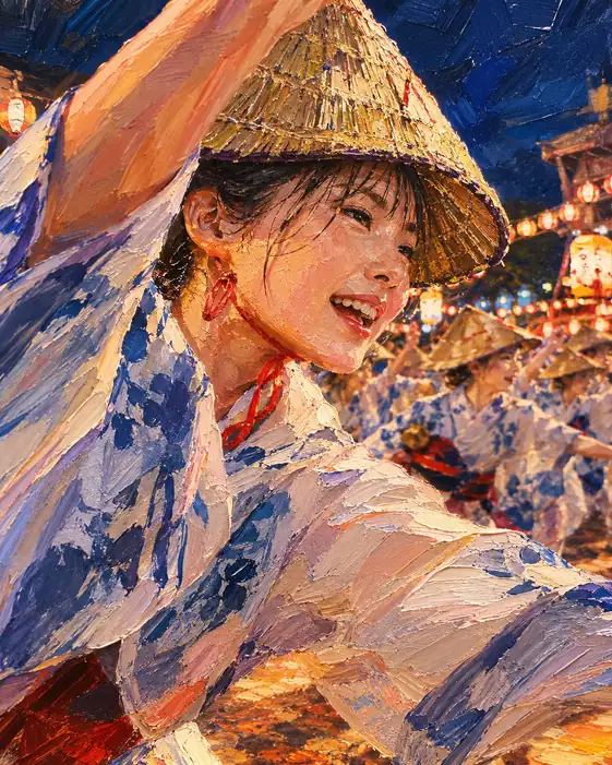 Smile Beneath the Woven Hat and White-and-Indigo Sleeves Dancing in the Twilight