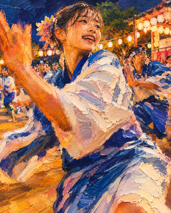 Bursting Smile and Indigo-White Sleeves in the Heat of Lanterns