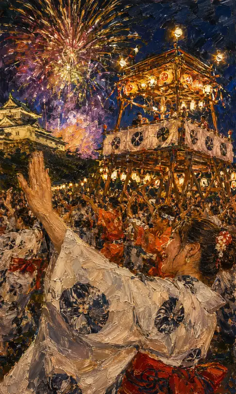 Dancer Looking Up at Fireworks Blossoming Over the Castle and Yagura