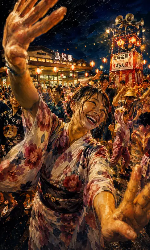 Floral Patterns and Smiles Unfolding Beneath the Lanterns of Shimamatsu Station