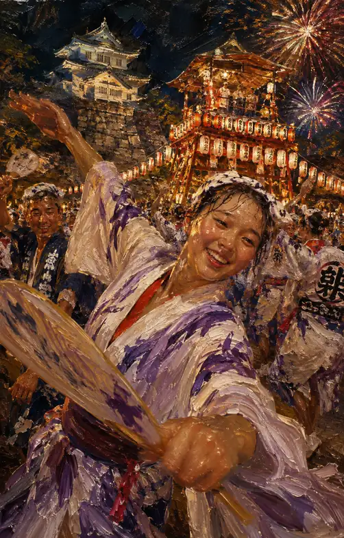 Smiling Dancer in Purple Robes Extending Her Fan Beneath the Castle