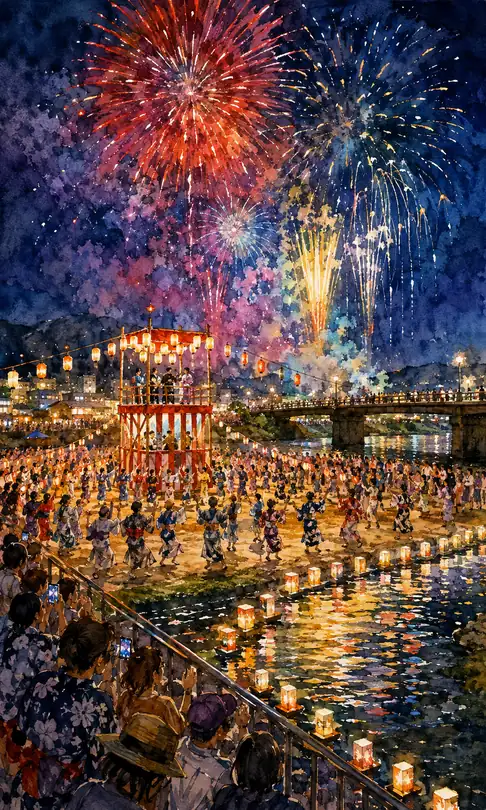 Circle Dance Around the Sandbar Yagura and River Waves of Lanterns