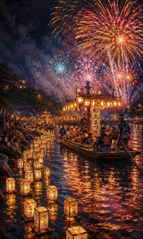 Lanterns Drifting on the Funadama River and Blossoms of Light