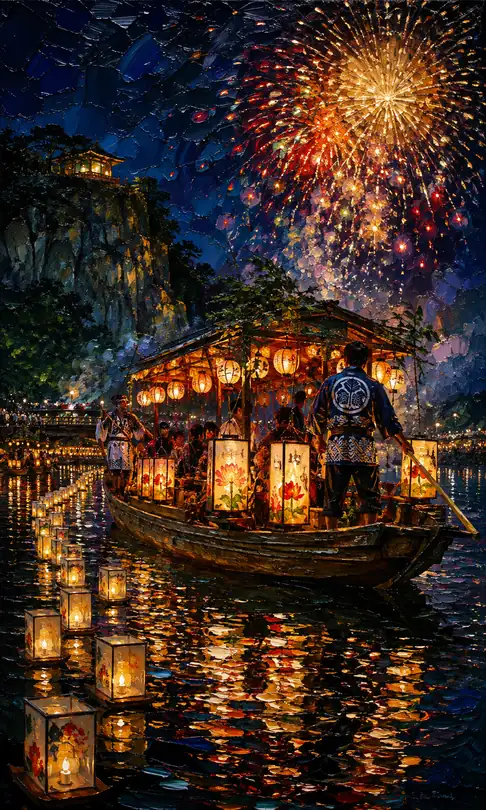 Houseboat Advancing Toward Great Blooms with Floating Lotus Lanterns