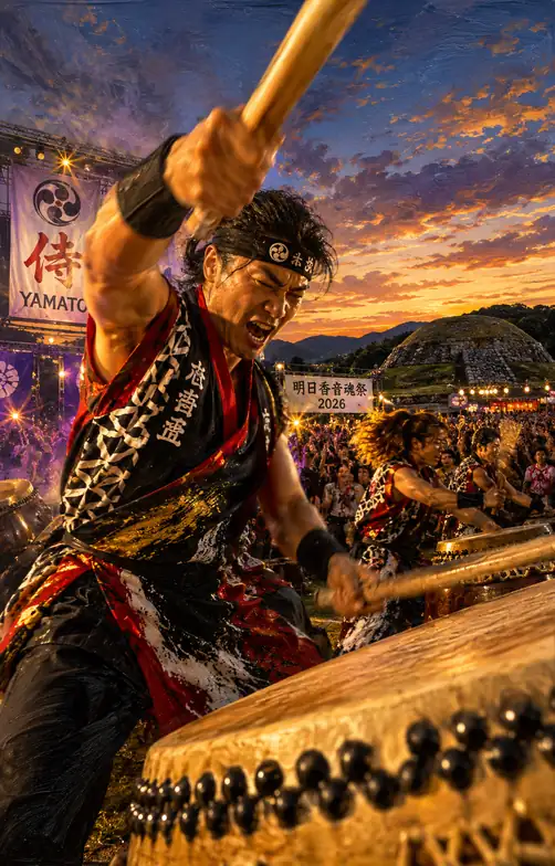 Dedicated Taiko Resounding in the Asuka Sunset