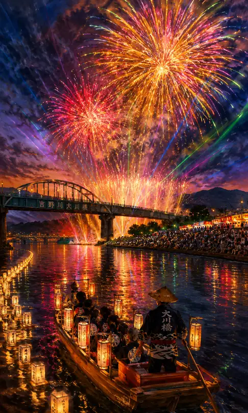 Blossoms of Light and Boat Lanterns Coloring the Yoshino River Okawa Bridge