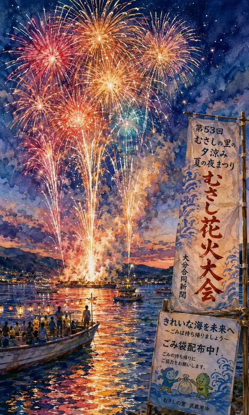 Port Fireworks Blossoming in the Evening Cool of Musashi Village