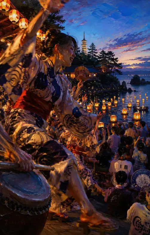 Passionate Footsteps Dancing to the Taiko Gazing at the Twilight Pagoda