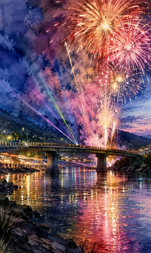 Lasers Crossing the Bridge Girders and a Hundred Blooms Bleeding into the River