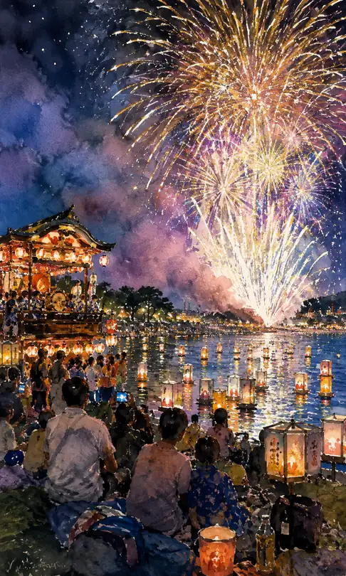 Lanterns of the Hayashi Yagura and a Night of Prayer Seated by the Waterside