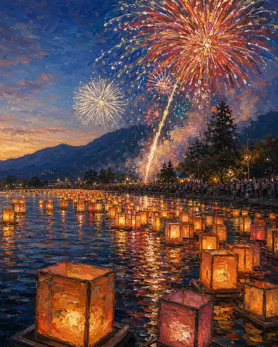 Square Lanterns Drifting on the Lake and Great Blooms by the Mountains