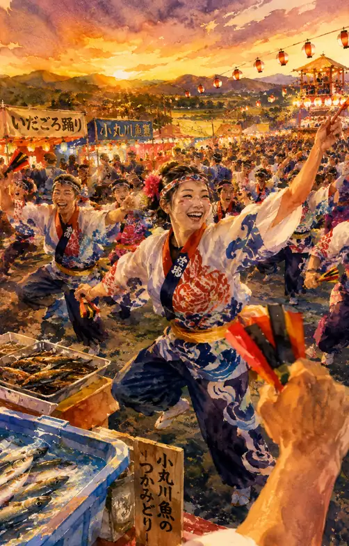 Idagoro Smiles Dancing in the Sunset of Omaru River