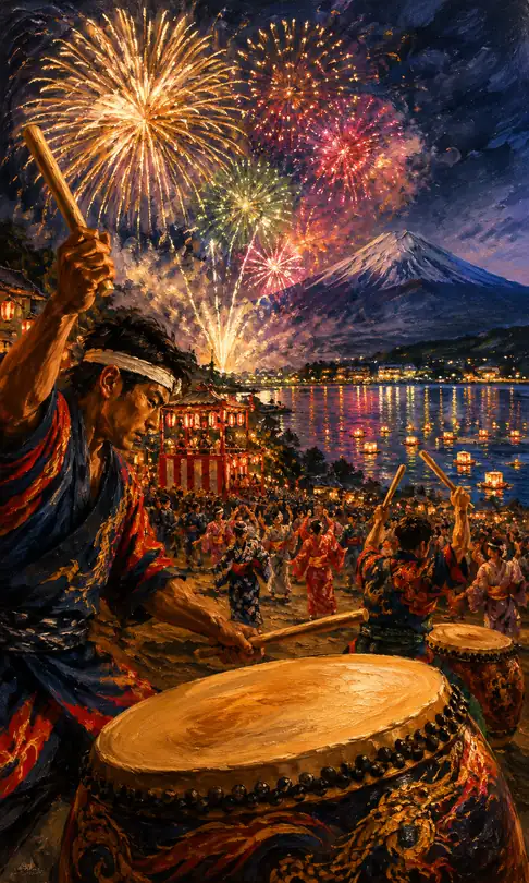 Soul-Stirring Taiko Resounding on the Lakeside Gazing at the Sacred Peak
