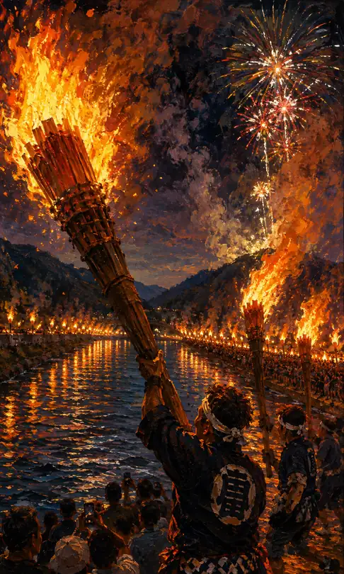 Great Torches Coloring the Riverbanks and Festive Fires in the Night Sky