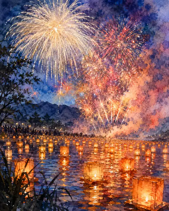 Floating Lanterns Illuminating the Waterside and Great Blooms by the Mountains