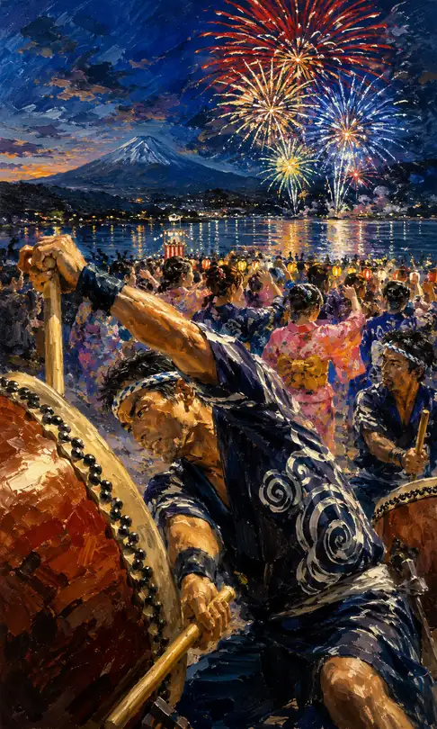 Haloes of Light in the Sacred Peak's Night Sky and the Devoted Taiko