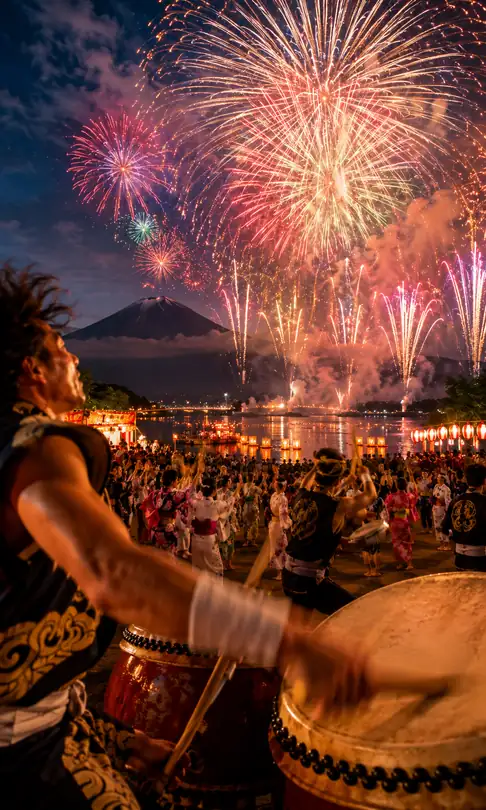 Blossoms of Light over the Sacred Peak and the Heartbeat of Lakeside Taiko