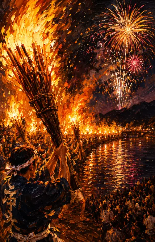 Line of Great Torches Coloring the Riverbanks and Blooms in the Night Sky