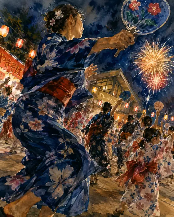 Raising the Fan and Dancing in Indigo Florals to the Night Bloom