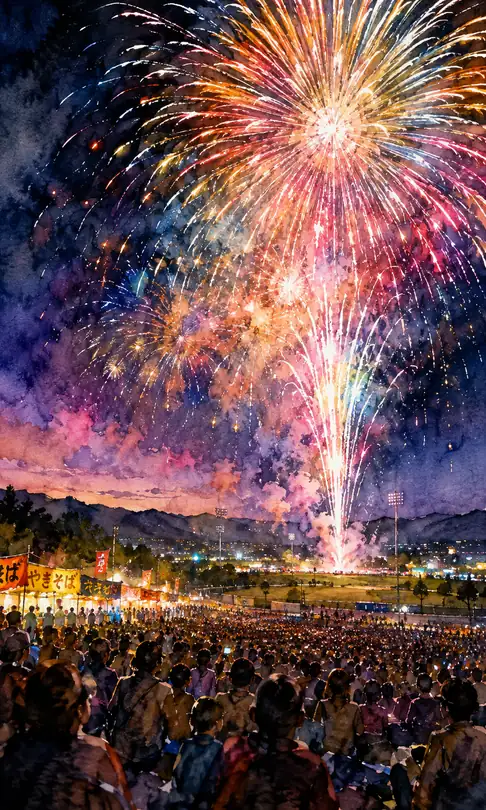 Cheering Crowds in the Stadium and a Hundred Blooms in the Night Sky