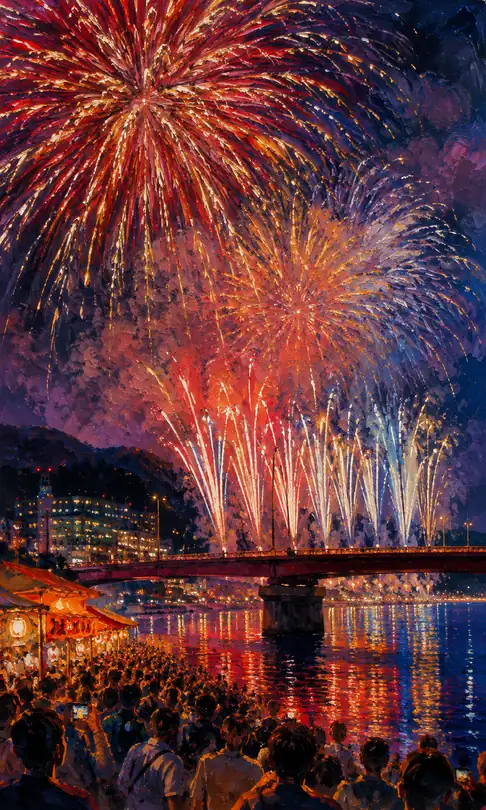 Crimson Blooms Crossing the Iron Bridge and Night Breeze over the Stalls