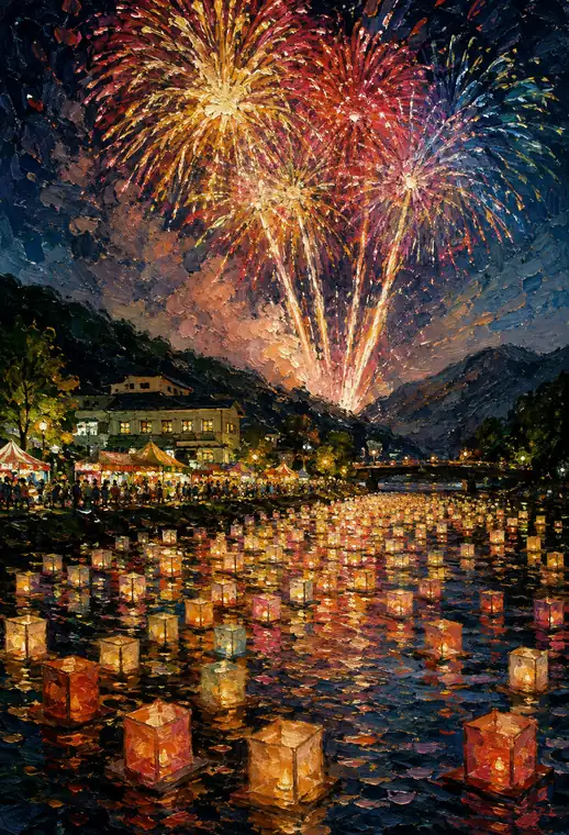 Floating Lanterns of Prayer Filling the Valley Stream and Mountain Gorge Blooms