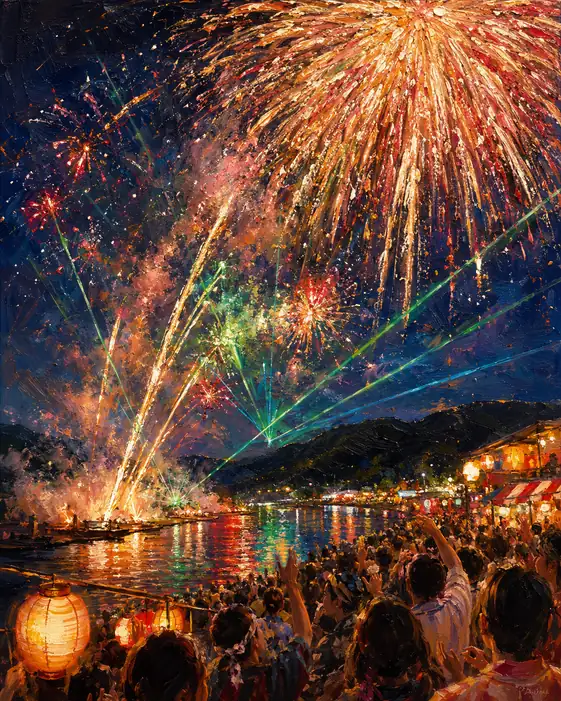 Hands Raised by Lantern-Lit Shores and Azure Fireworks Cleaving the Night