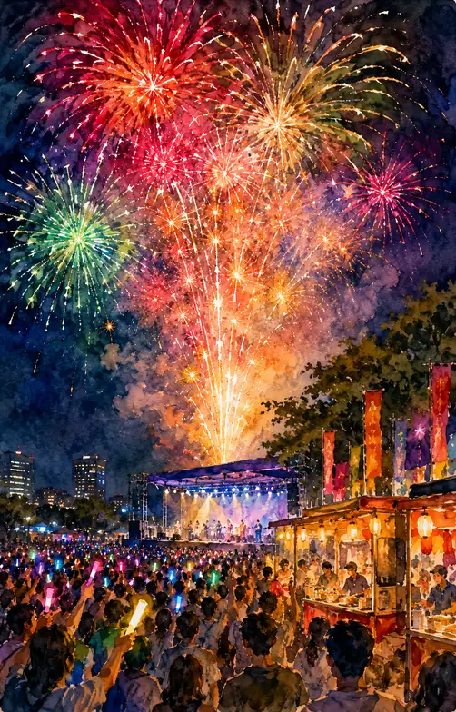 Rays of Light Raised to the Outdoor Stage and Great Blooms in the Night Sky