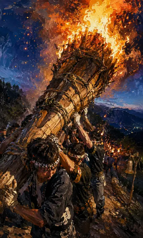 Great Torches Carried Up the Mountain Path and Roaring Flames Scorching the Night Sky