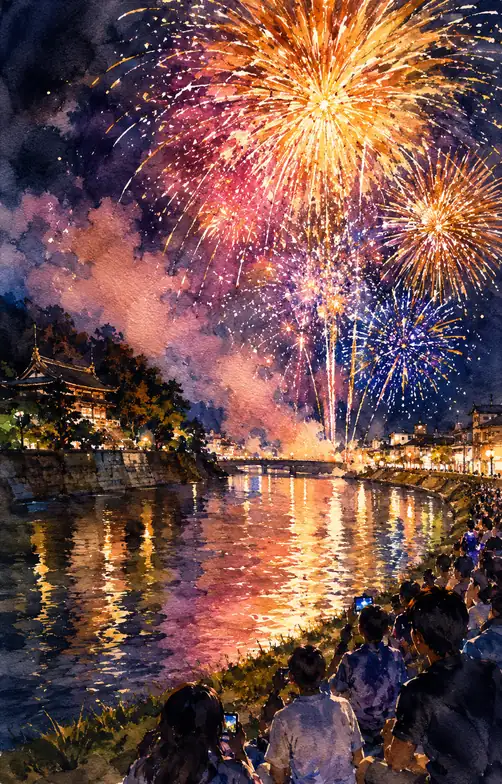 River Waves Illuminating Castle Stone Walls and Great Blooms in the Night Sky