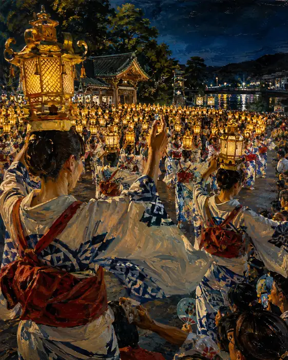 A Thousand Waves of Light Dancing Before the Night Shrine Bearing Golden Lanterns