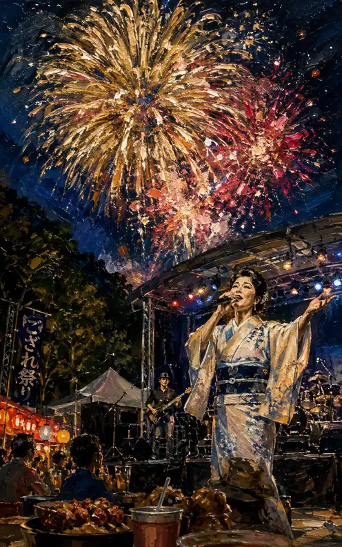 Singing Voice Echoing in the Gozare Festival Night Sky and Golden Blooms