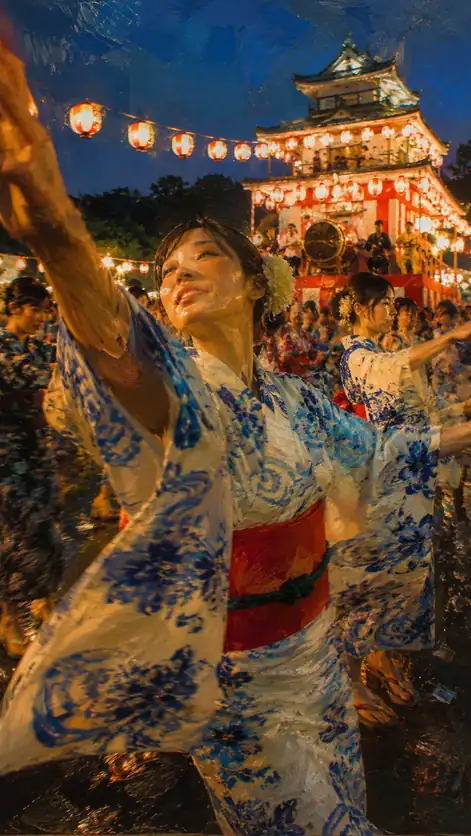 Dancing in Indigo-White Florals Beneath the Lanterns of the Castle Yagura