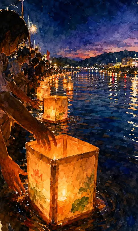 Lotus Lantern of Prayer Entrusted to the Waters and Twilight River Waves