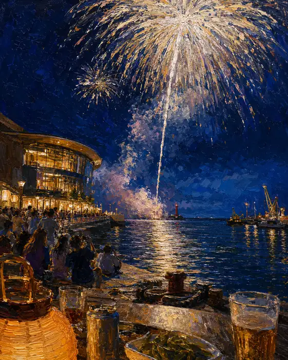 Toasting under the Fireworks-Lit Tide