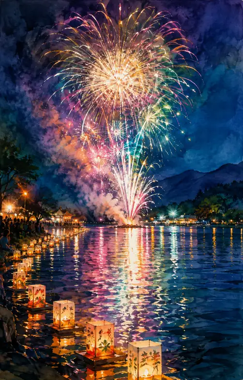 A Thousand Lanterns Drift Home Across a Sea of Fireworks