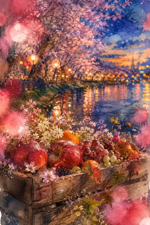 Twilight Canal of Cherry Trees and Fruits Filling the Wooden Crate