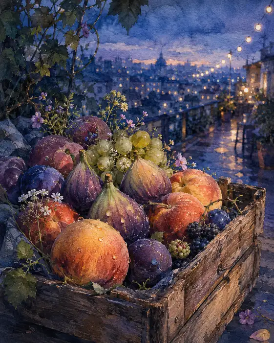 Night View from the Rain-Washed Terrace and a Fruit Box Filled with Figs