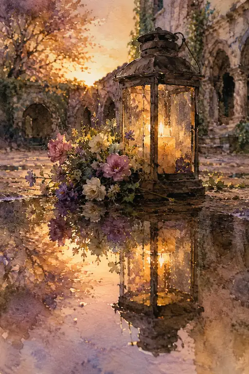 Candle Lantern Reflecting in the Castle Water Mirror and Twilight Floral Offering