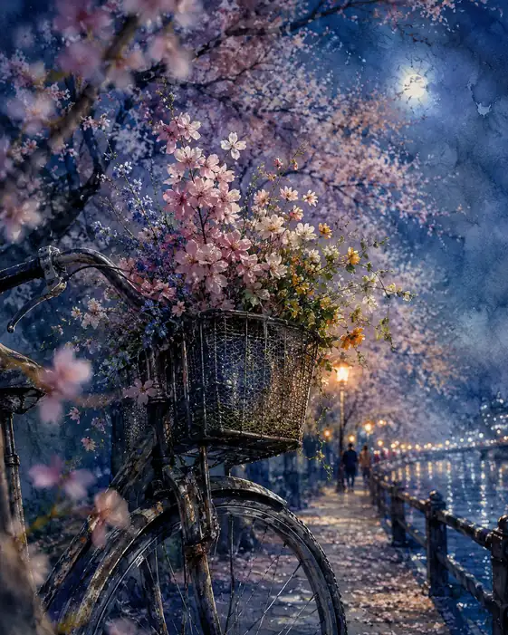 Moonlit Journey with Spring Petals
