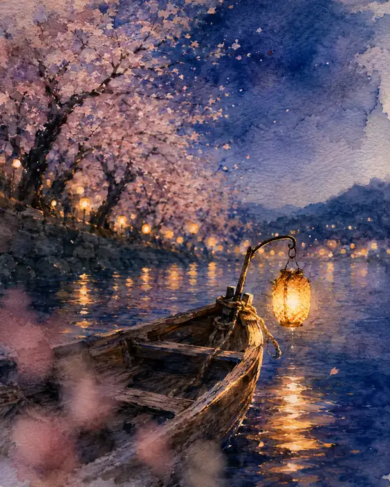 Cherry Blossom River Lantern Nocturne