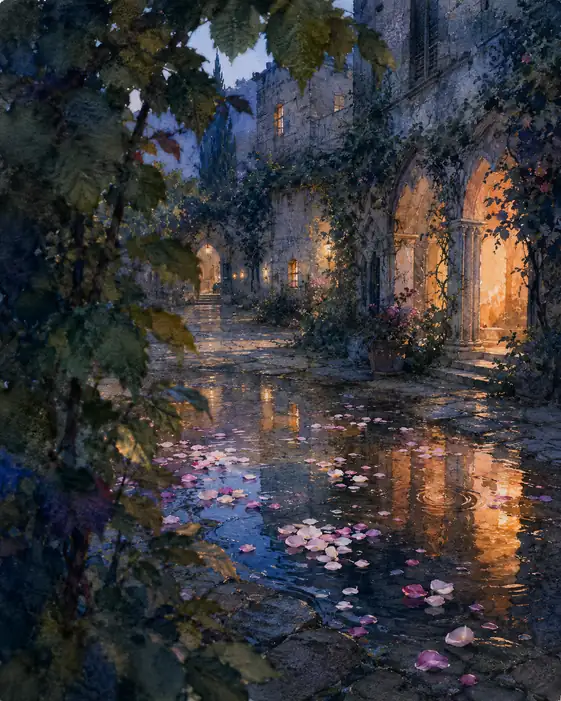 Petals Resting on After-Rain Courtyard Waters