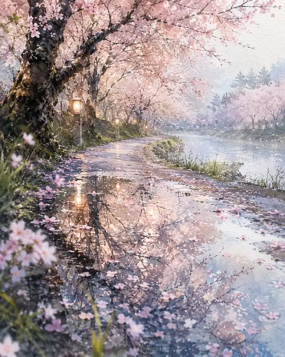 Morning Reflections Along the Cherry Path